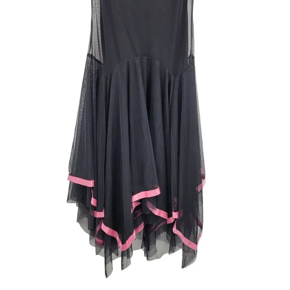 Vintage 90s Midi Dress M Black Mesh Overlay Pink Ribbon Trim Scarf Hem Goth - Picture 8 of 13